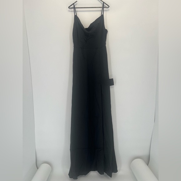 Lulus Satin Cowl Neck Front High Slit Strappy Romantic Maxi Dress In Black - Picture 2 of 10